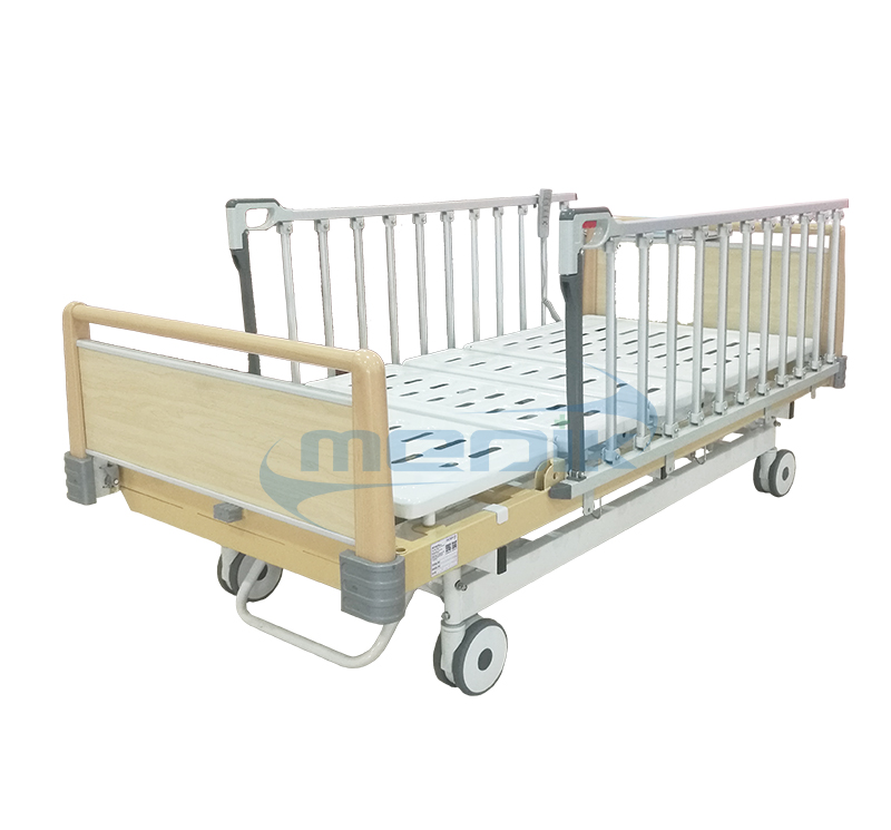 Three position electric hospital bed with high grade railing