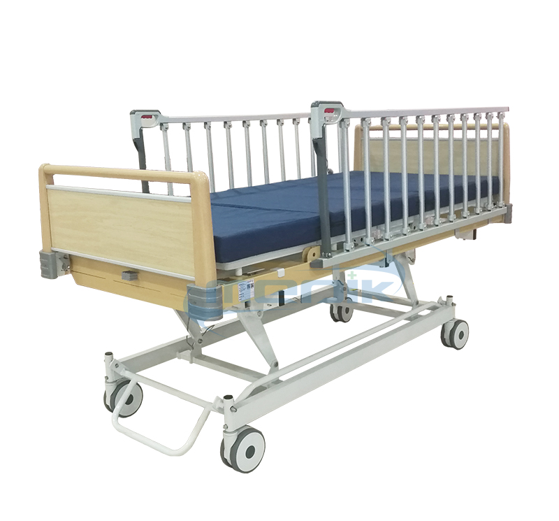 Three position electric hospital bed with high grade railing